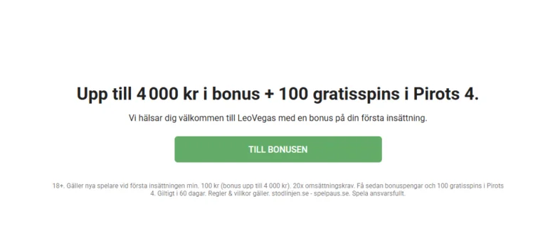 LeoVegas free spins bonus - 100 gratisspins - s.k cash free spins utan omsättningskrav i välkomstbonus!